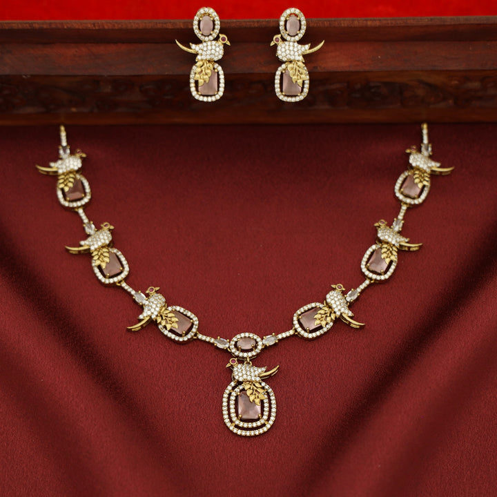 Anjana AD Stone Bird Glossy Rectangle Short Neckpiece With Earring