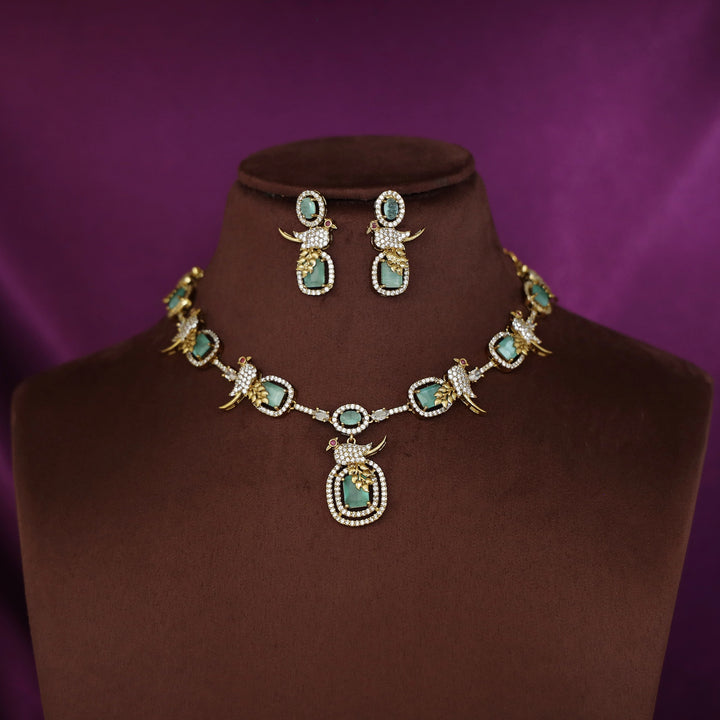 Anjana AD Stone Bird Glossy Rectangle Short Neckpiece With Earring