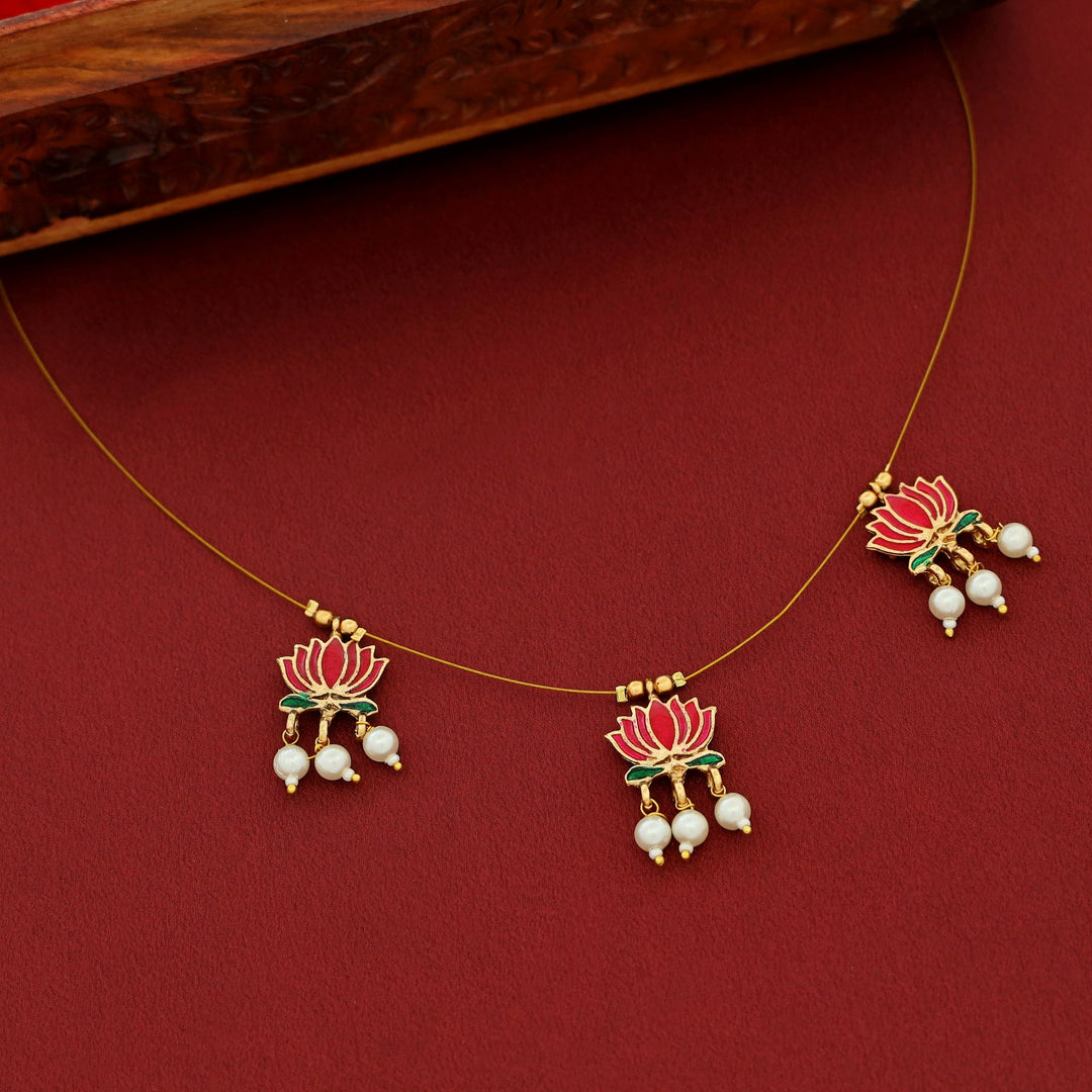 Advaita Enamel Tri Lotus Pearl String Neckpiece