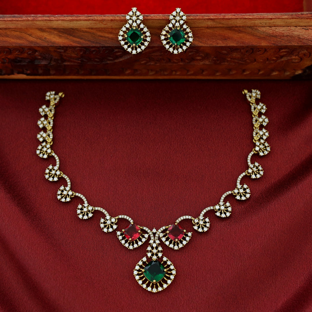 Misbah Flower AD Stone Short Neckpiece With Earring