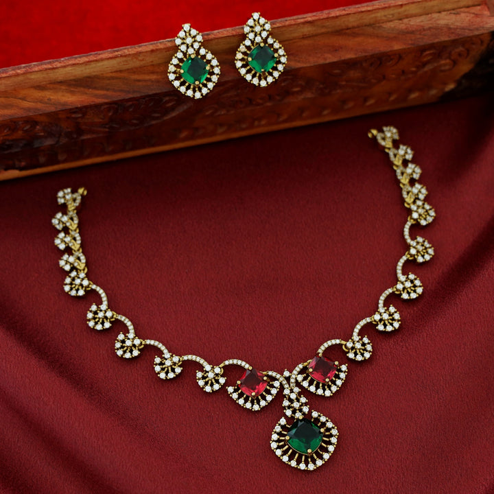 Misbah Flower AD Stone Short Neckpiece With Earring
