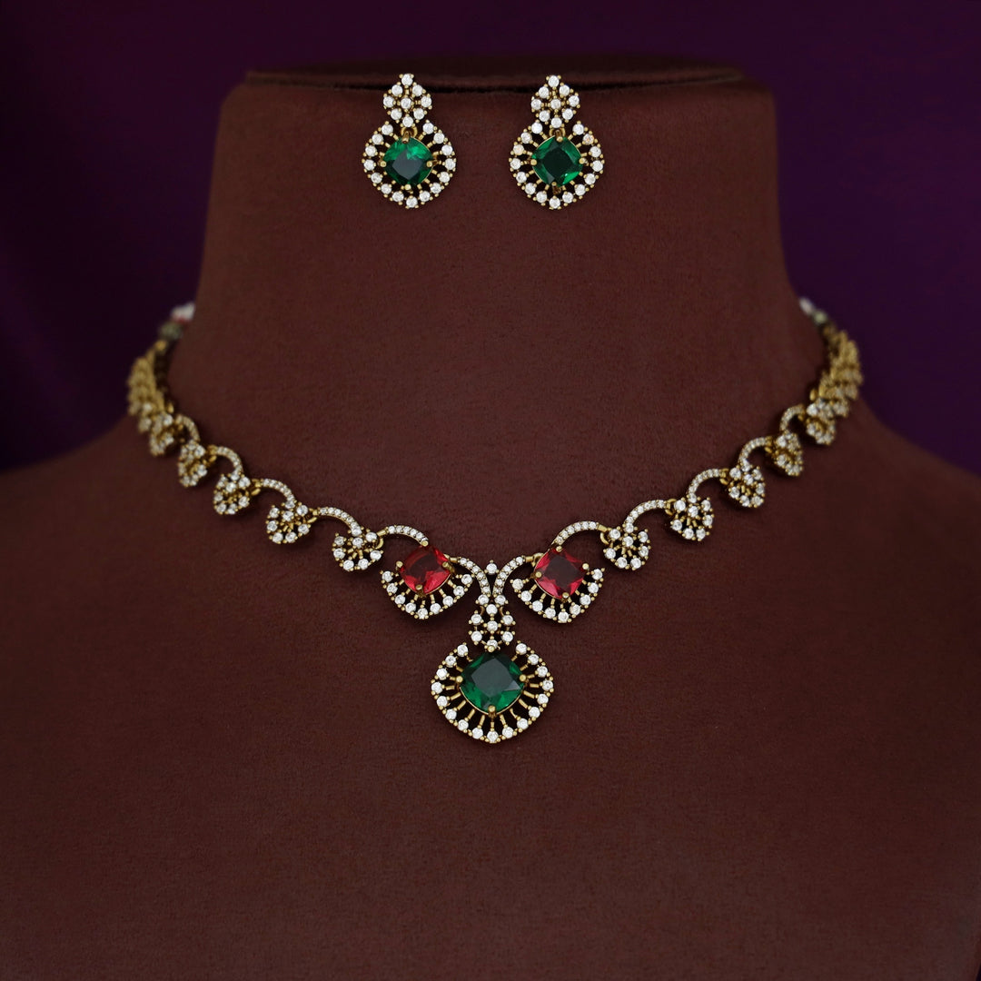 Misbah Flower AD Stone Short Neckpiece With Earring