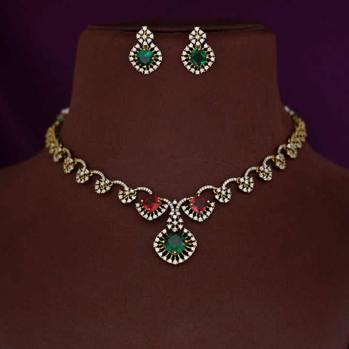 Misbah Flower AD Stone Short Neckpiece With Earring