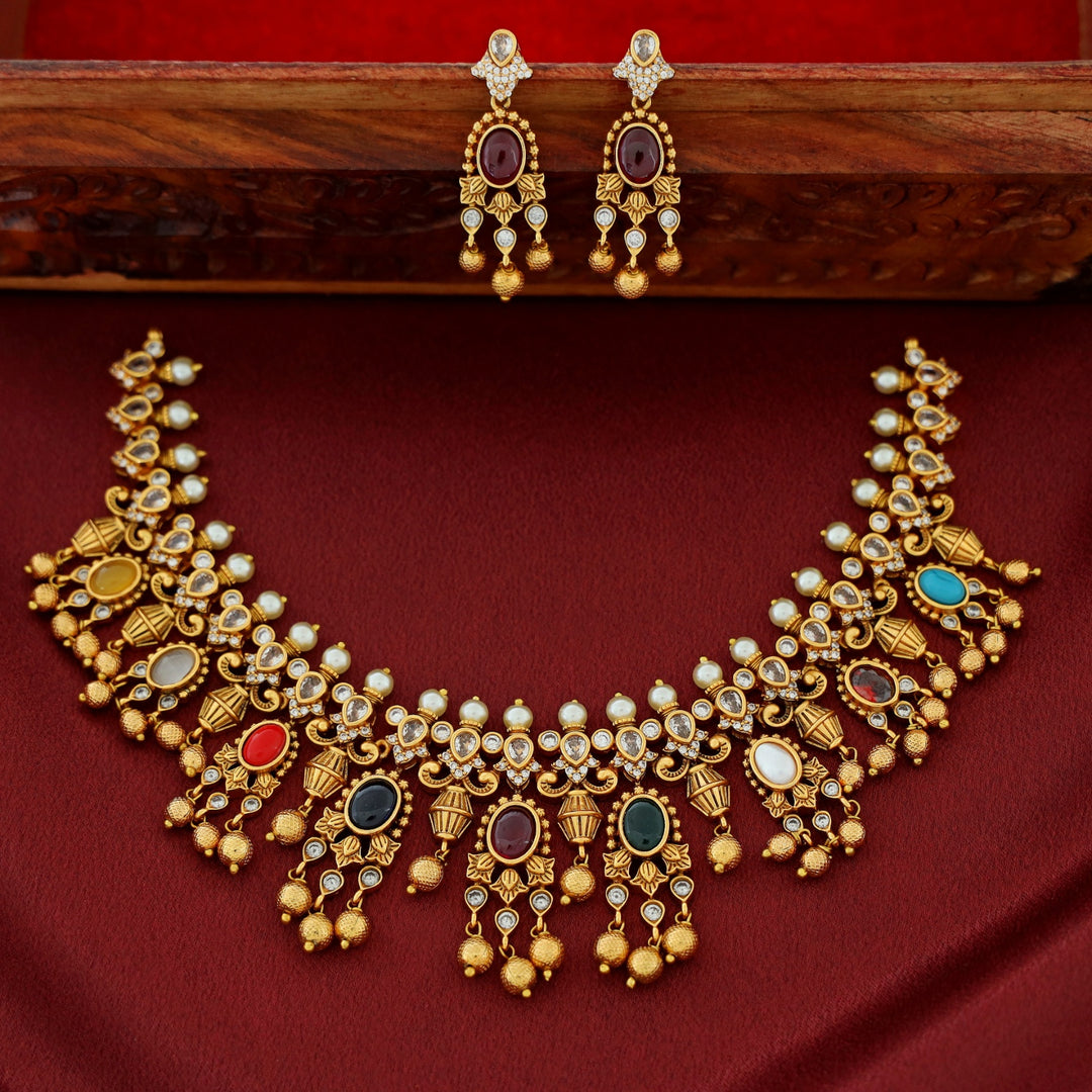Premium Saisha Pearl Navratna Neckpiece With Earring