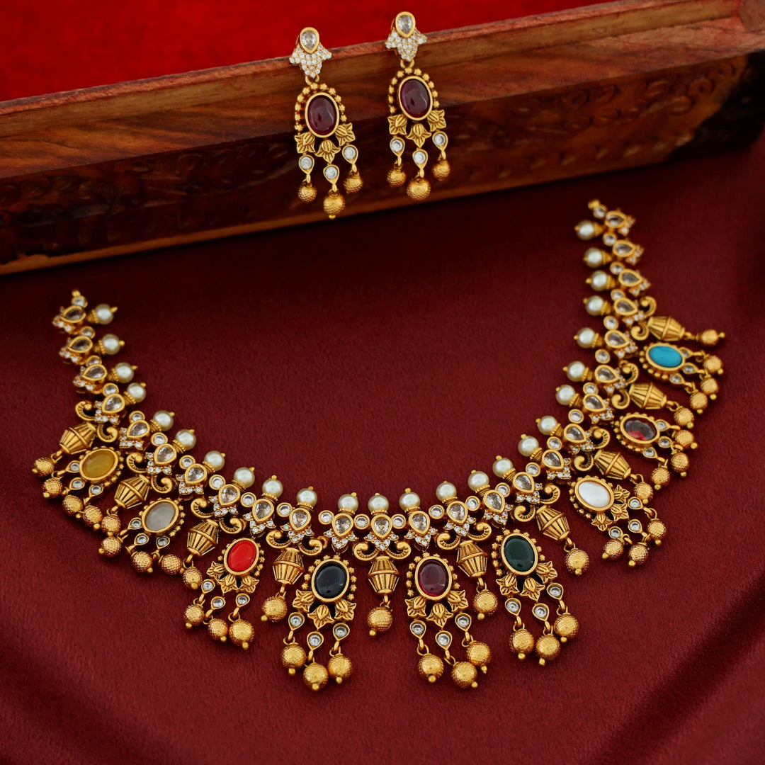 Premium Saisha Pearl Navratna Neckpiece With Earring