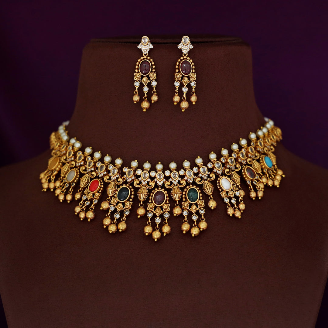 Premium Saisha Pearl Navratna Neckpiece With Earring