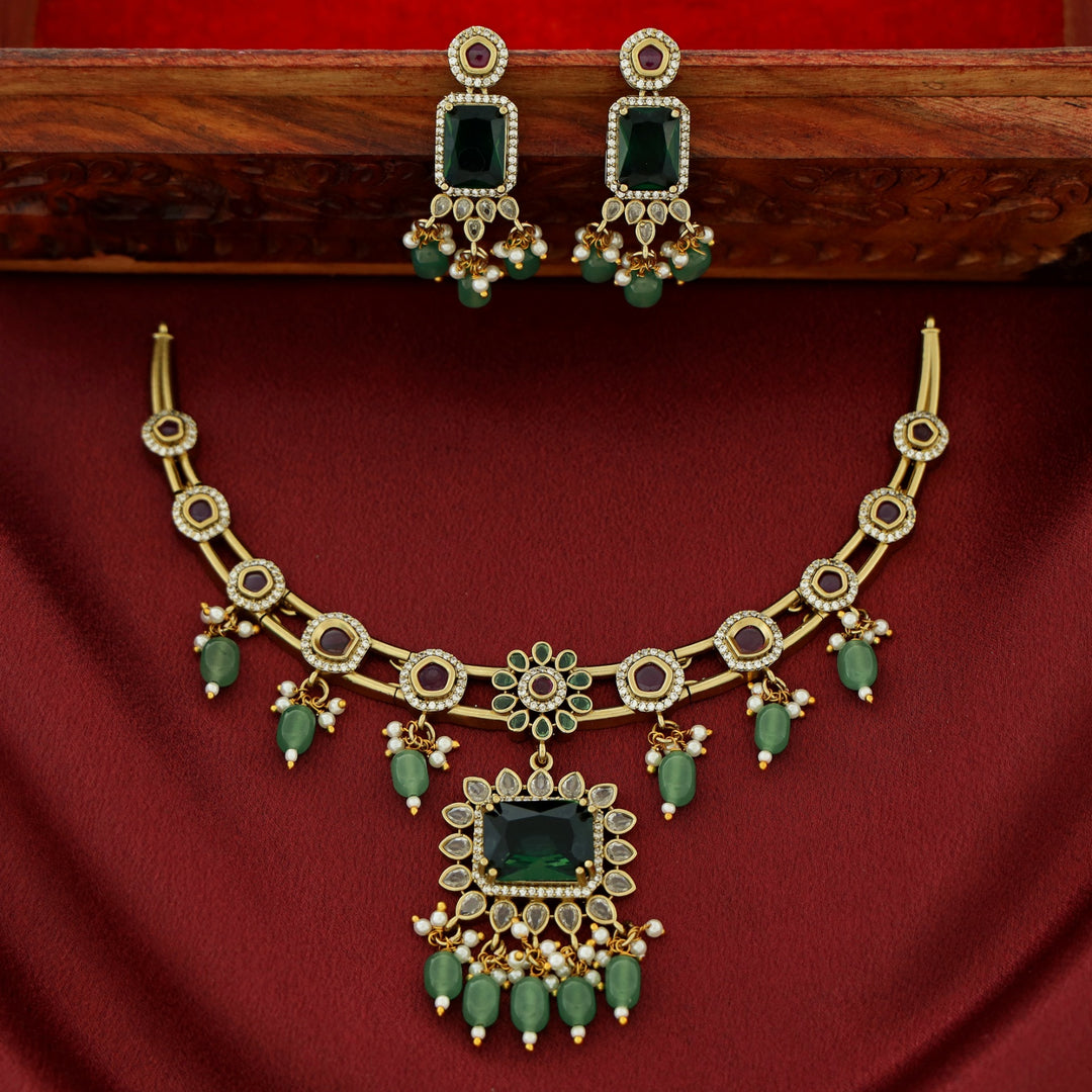 Mehar AD Stone Stiff Neckpiece With Earring