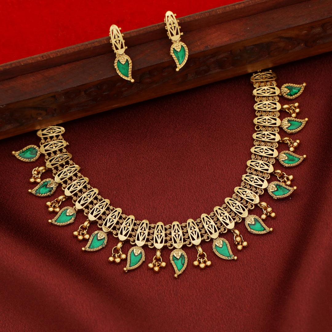 Mishika Enamel Mango Palakka Short Neckpiece With Earring