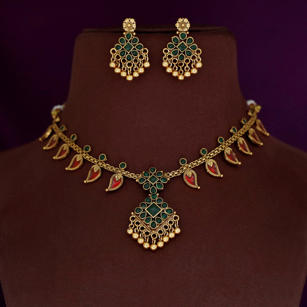 Sharini Mango Floral Golden Ball Neckpiece With Earring