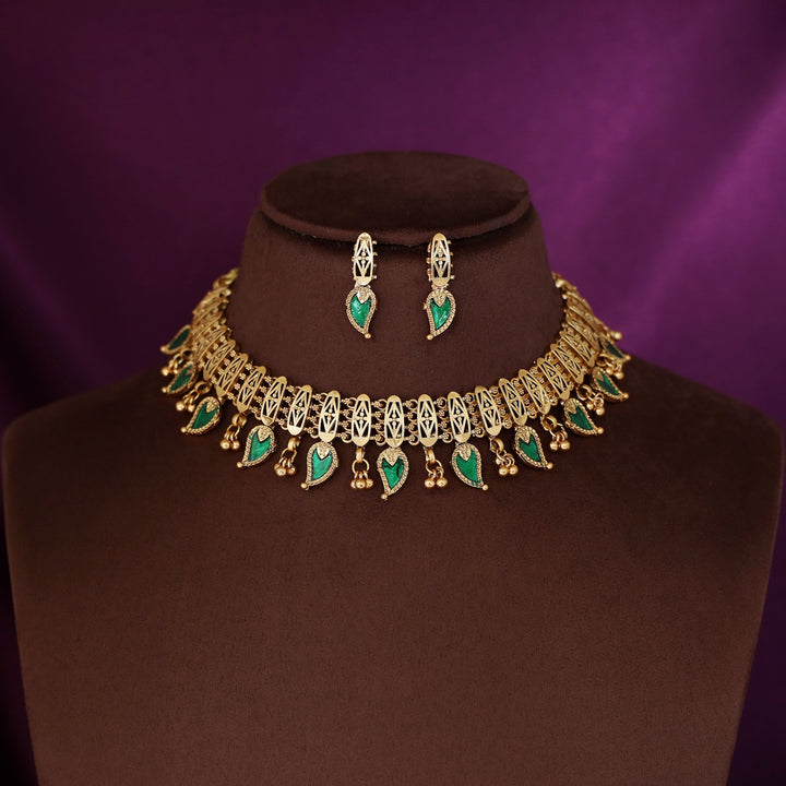 Mishika Enamel Mango Palakka Short Neckpiece With Earring