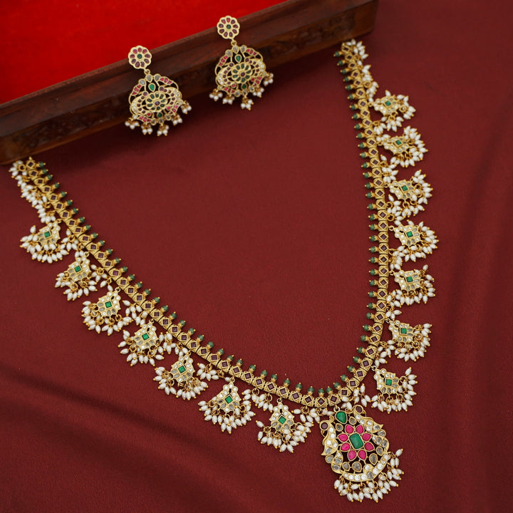 Premium Mythri Floral Rice Pearl Long Neckpiece with Earring