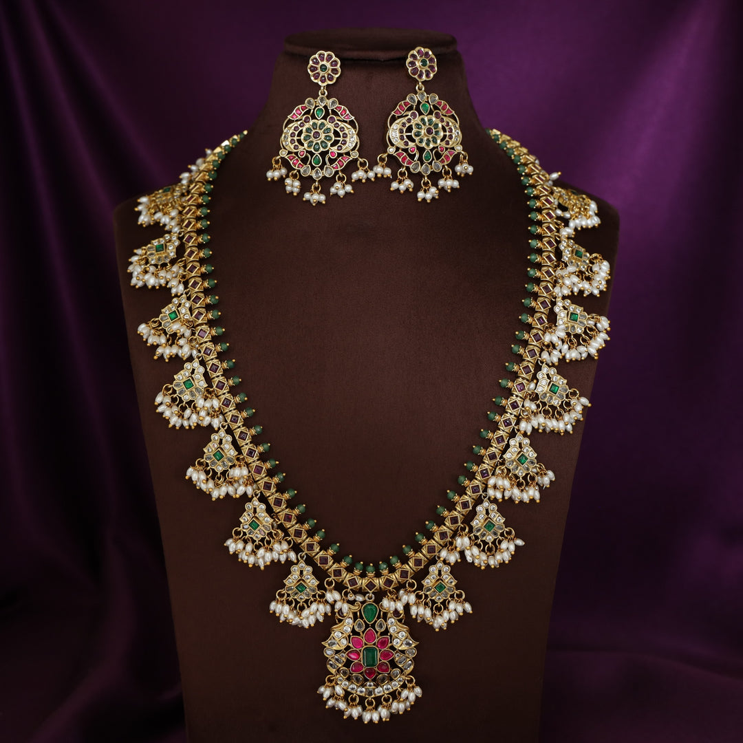Premium Mythri Floral Rice Pearl Long Neckpiece with Earring