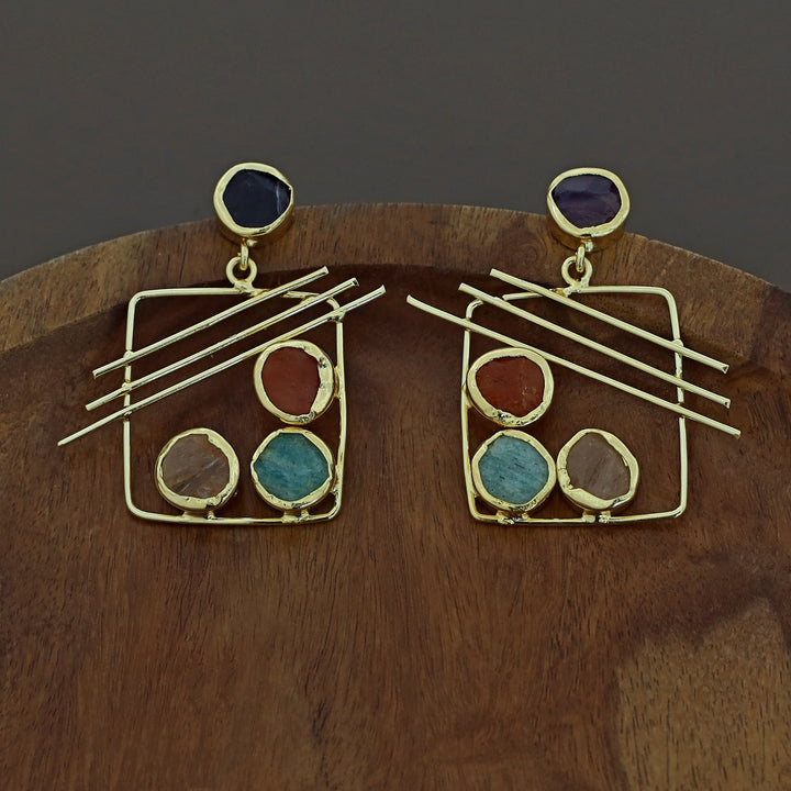 Golden Square Triple Line Raw Stone Earring