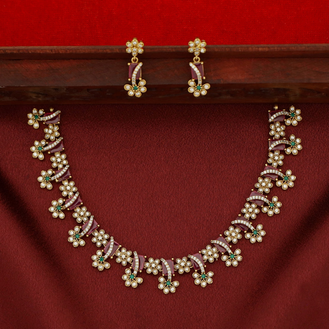 Poornasree Rectangle Glossy Flower Short Neckpiece With Earring