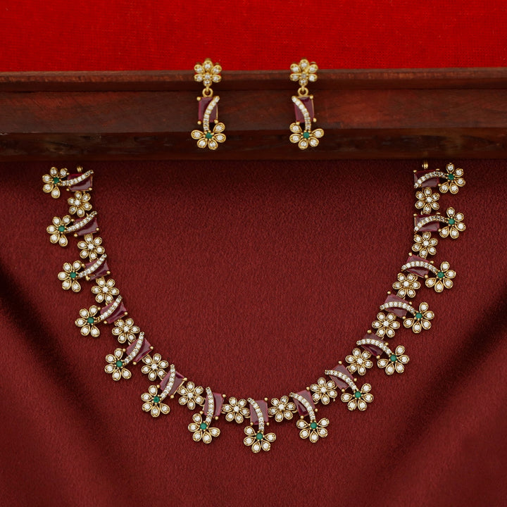 Poornasree Rectangle Glossy Flower Short Neckpiece With Earring