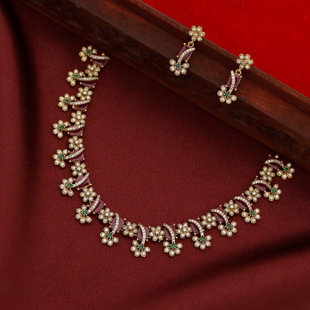 Poornasree Rectangle Glossy Flower Short Neckpiece With Earring