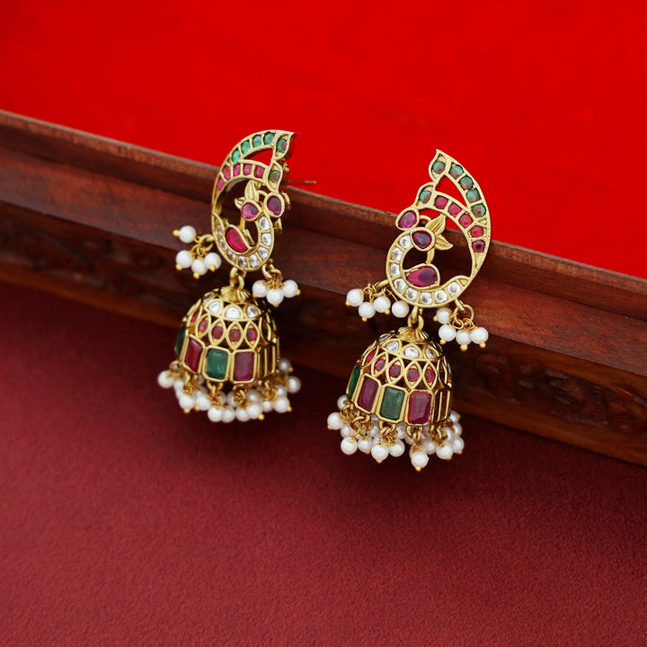 Pavnitha Kemp Stone Mayura Cluster Pearl Jhumka
