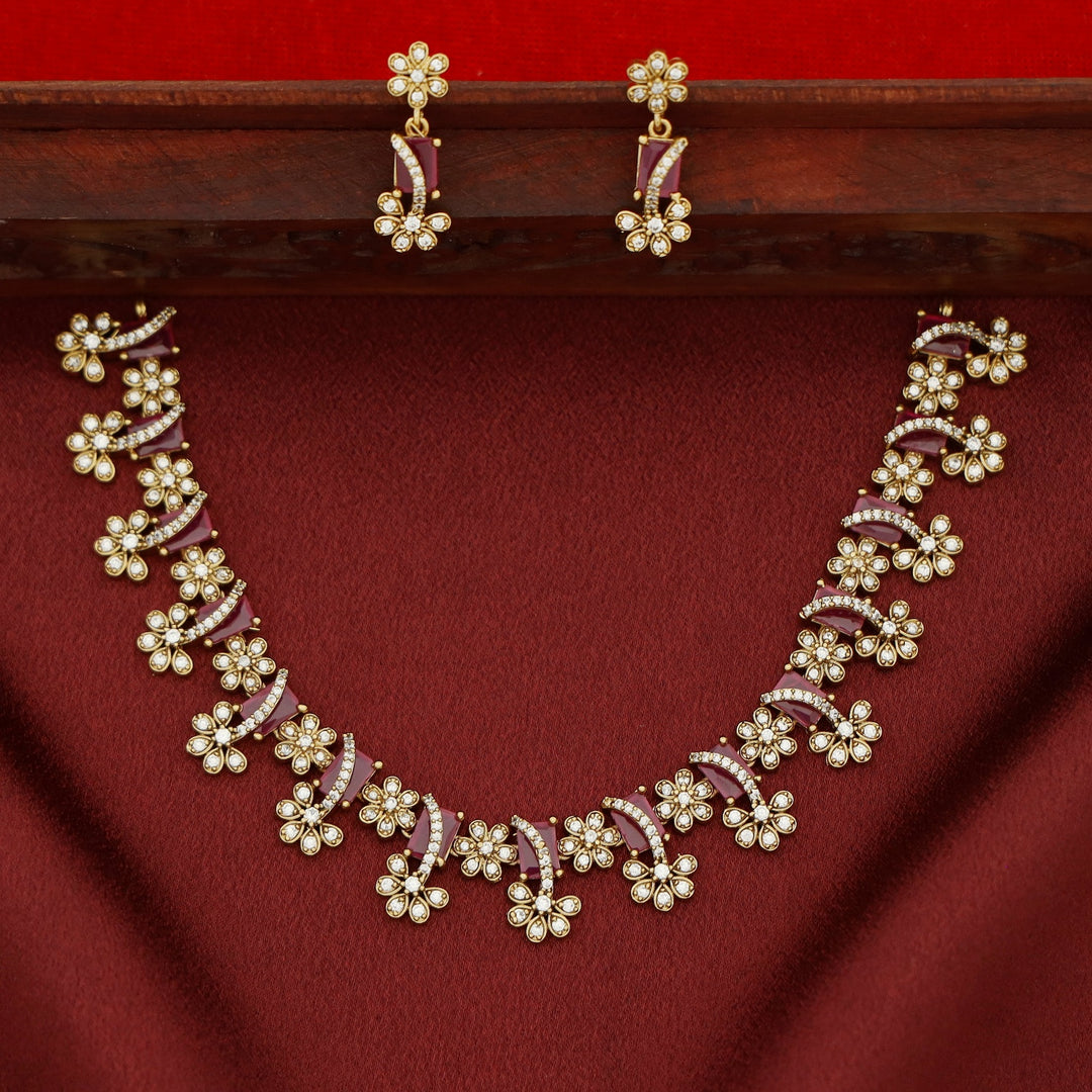 Poornasree Rectangle Glossy Flower Short Neckpiece With Earring