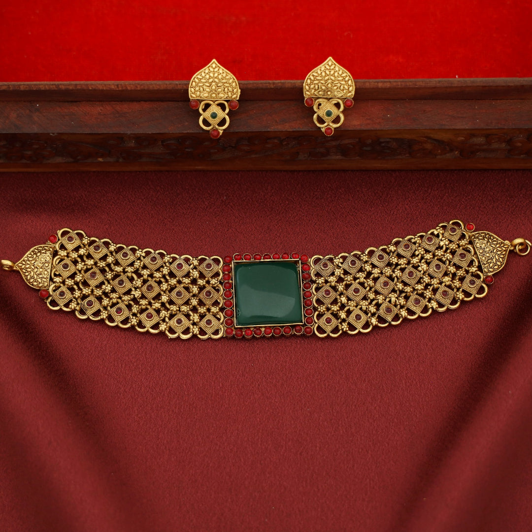 Madhavika Green Square Choker with Stud
