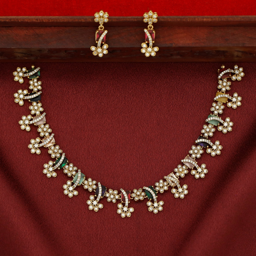 Poornasree Rectangle Glossy Flower Short Neckpiece With Earring