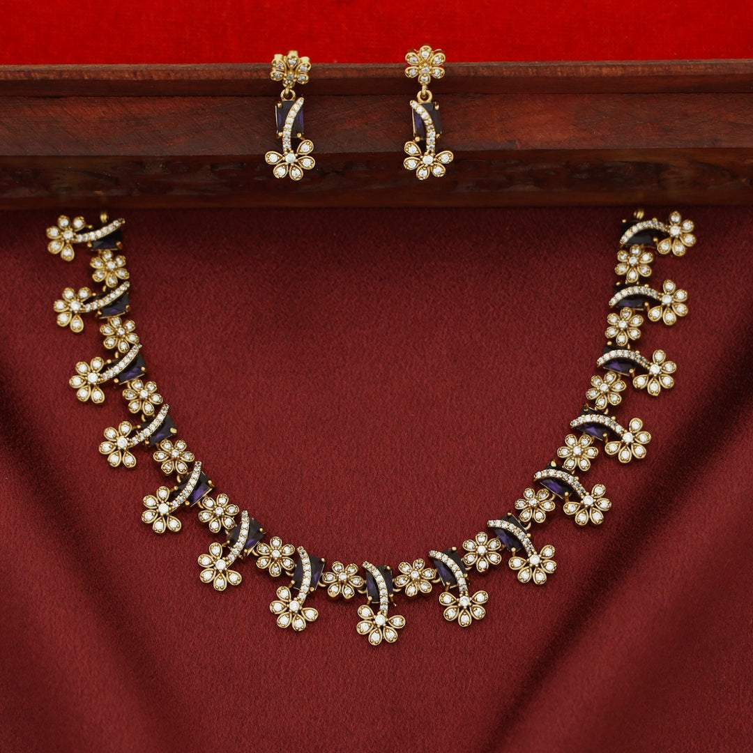 Poornasree Rectangle Glossy Flower Short Neckpiece With Earring