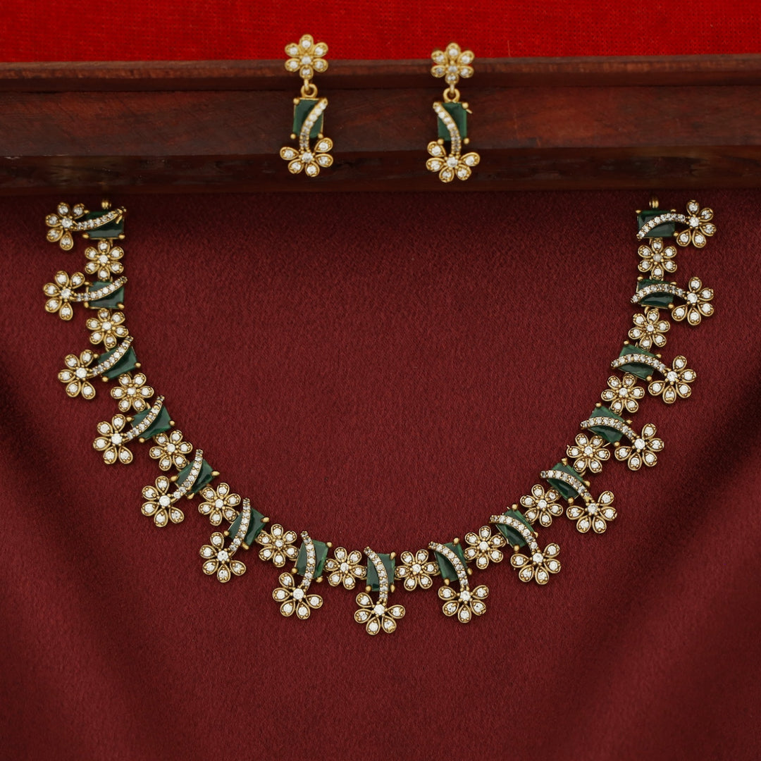 Poornasree Rectangle Glossy Flower Short Neckpiece With Earring