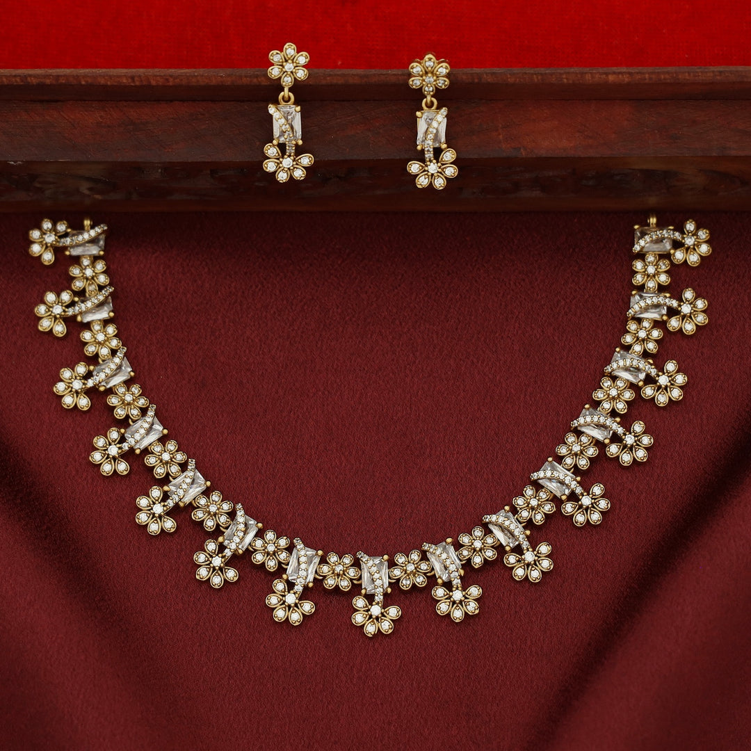 Poornasree Rectangle Glossy Flower Short Neckpiece With Earring