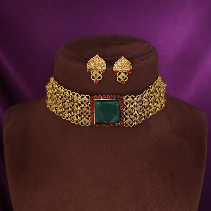Madhavika Green Square Choker with Stud