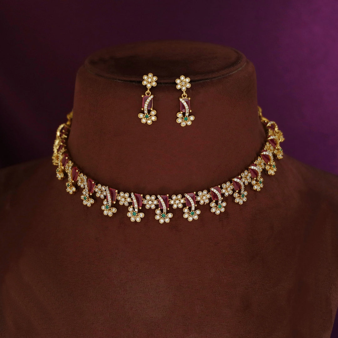 Poornasree Rectangle Glossy Flower Short Neckpiece With Earring