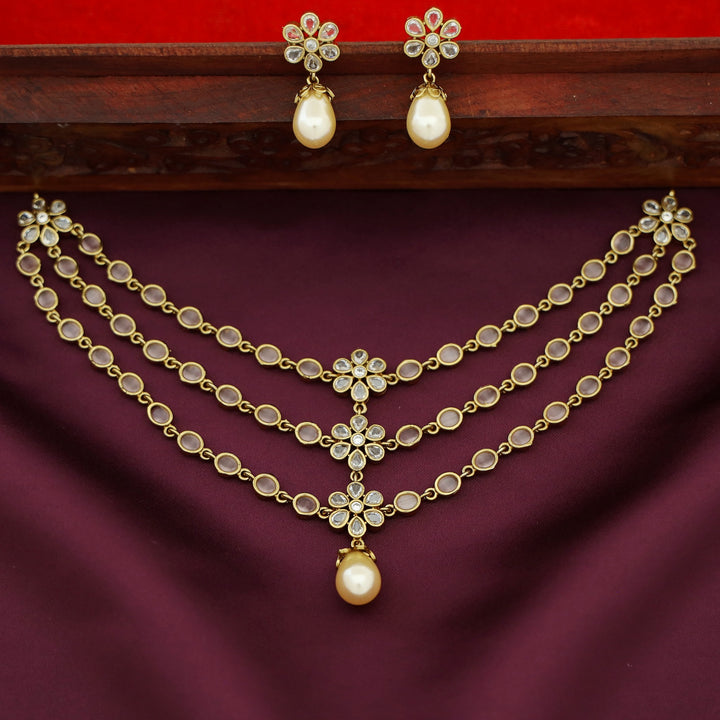 Dhishika Floral Pearl 3 Layered Short Neckpiece With Earring