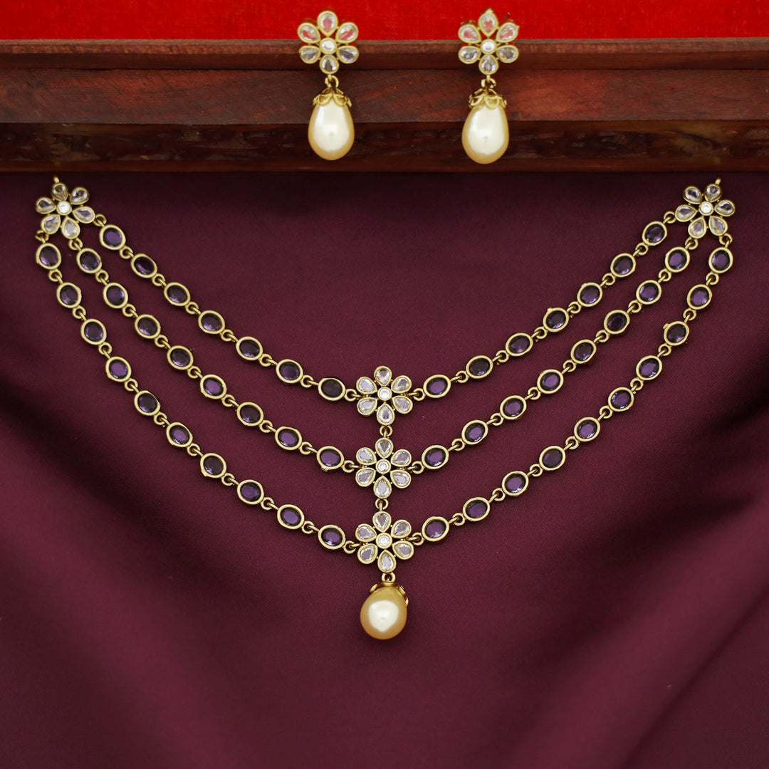 Dhishika Floral Pearl 3 Layered Short Neckpiece With Earring