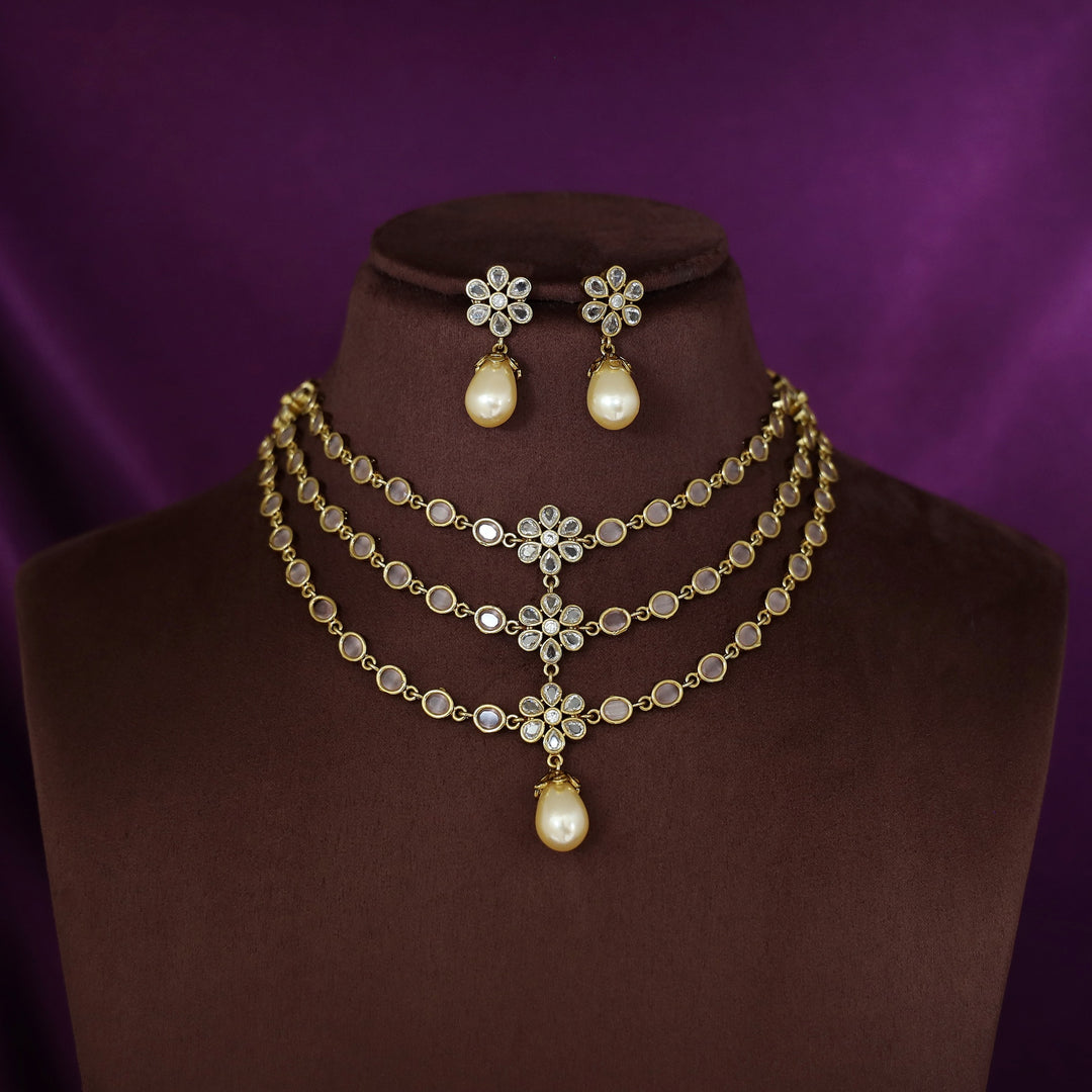 Dhishika Floral Pearl 3 Layered Short Neckpiece With Earring