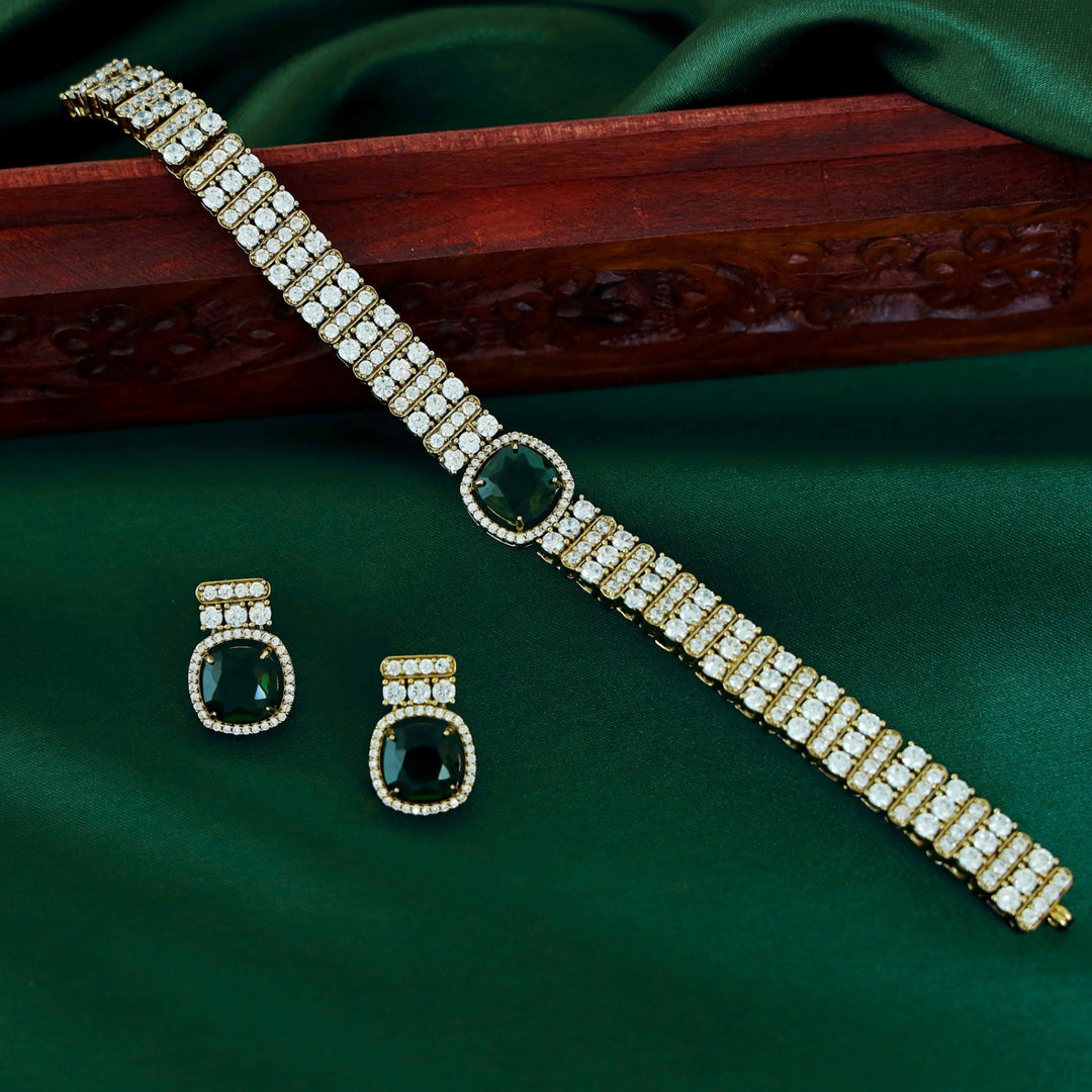 Mila Glossy AD Stone Cluster Neckpiece With Earring