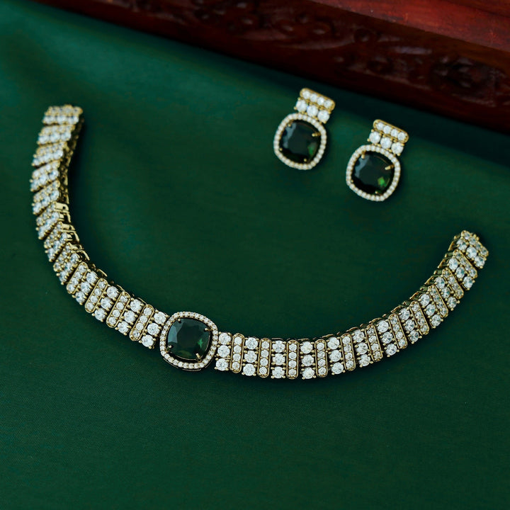 Mila Glossy AD Stone Cluster Neckpiece With Earring