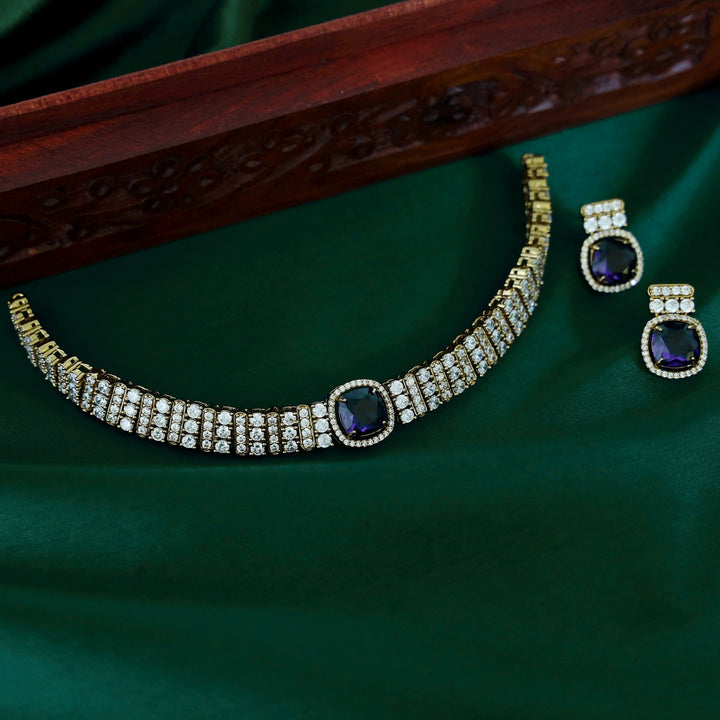 Mila Glossy AD Stone Cluster Neckpiece With Earring