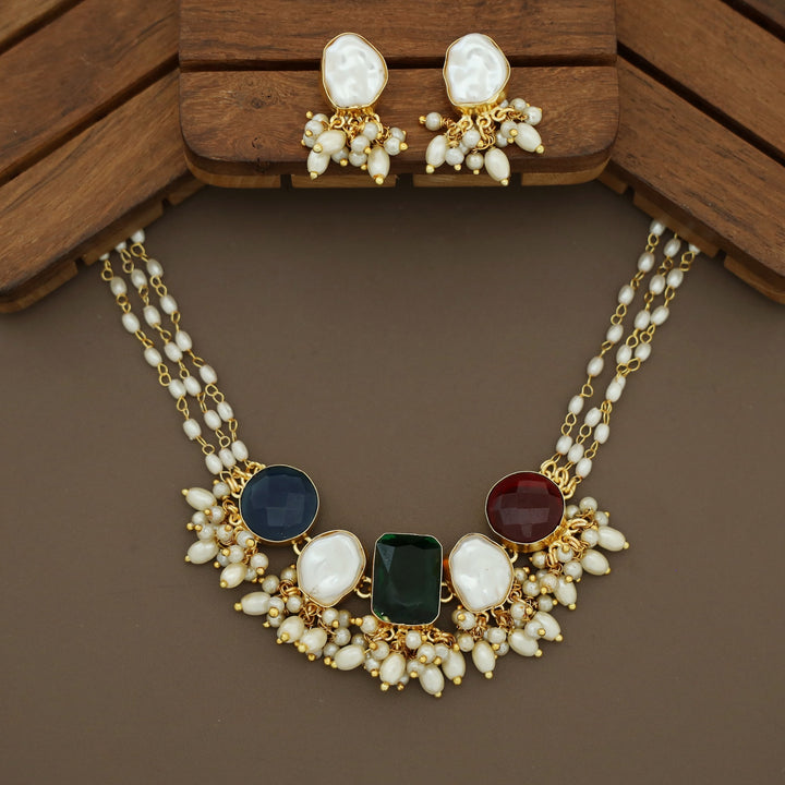 Alexis 3 Layer Rice Pearl Baroque + Glossy Stone Choker With Earring