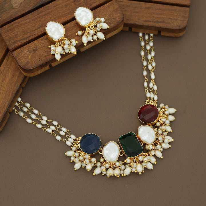 Alexis 3 Layer Rice Pearl Baroque + Glossy Stone Choker With Earring