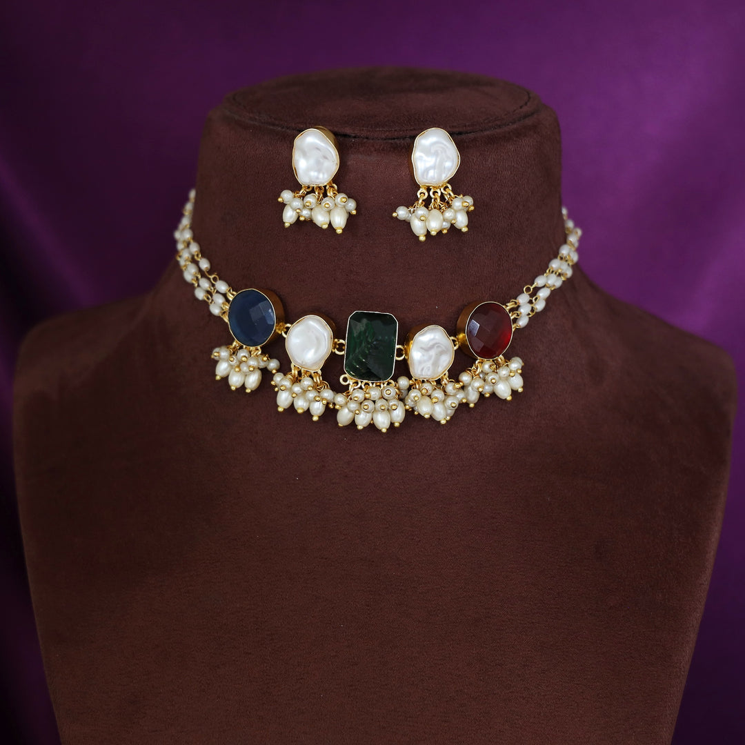 Alexis 3 Layer Rice Pearl Baroque + Glossy Stone Choker With Earring