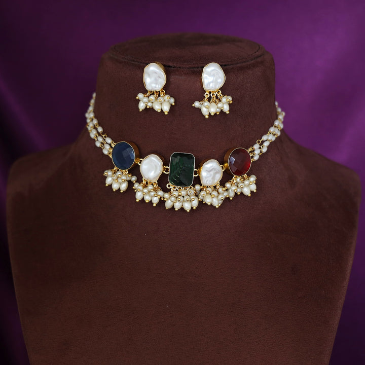 Alexis 3 Layer Rice Pearl Baroque + Glossy Stone Choker With Earring