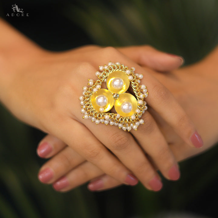 Golden Triangle Tri Circle Pearl Cluster Ring
