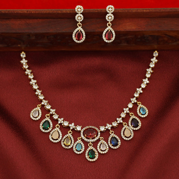 Aavya AD Stone Drop Oval Glossy Neckpiece With Earring