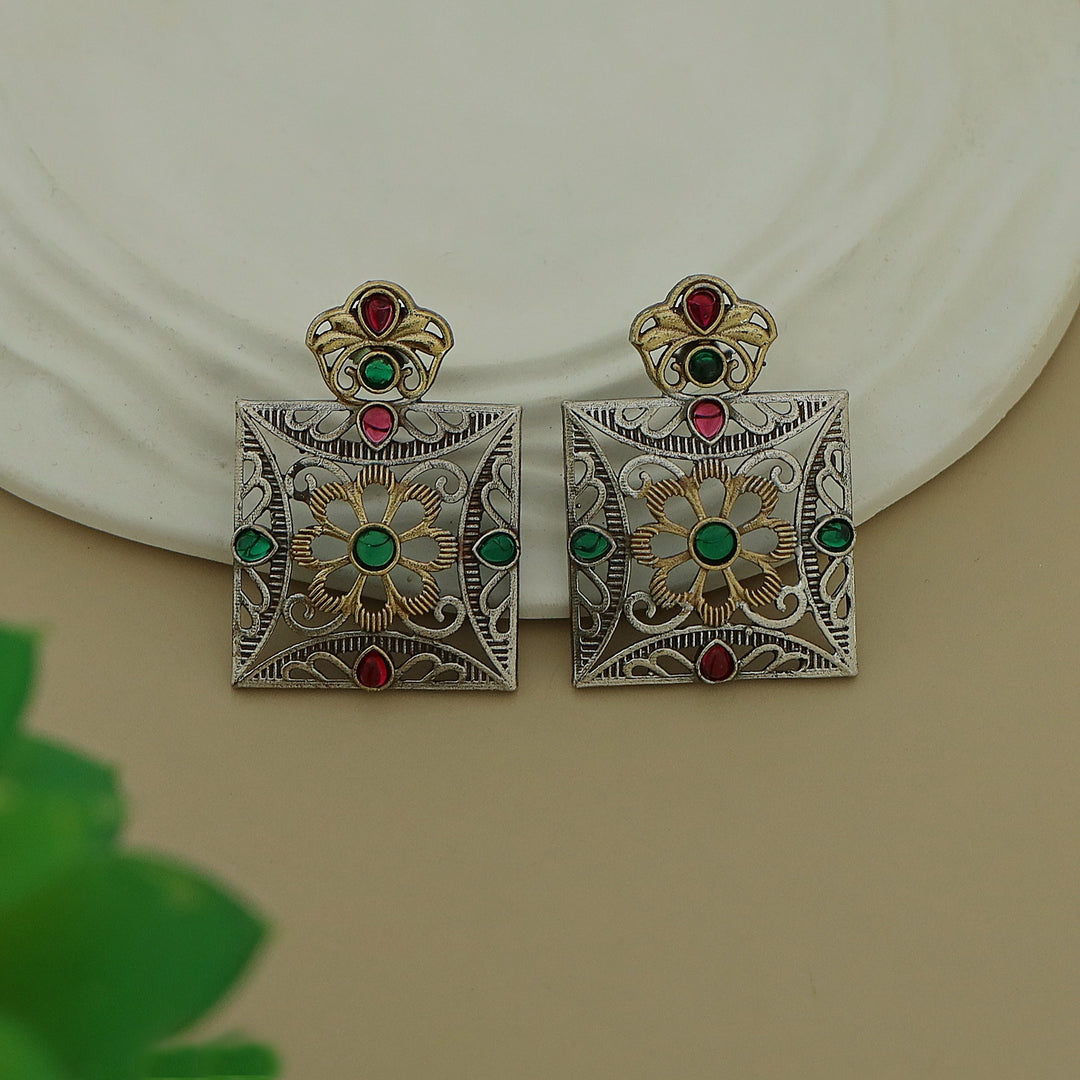 Ailana Dual Tone Square Floral Earring