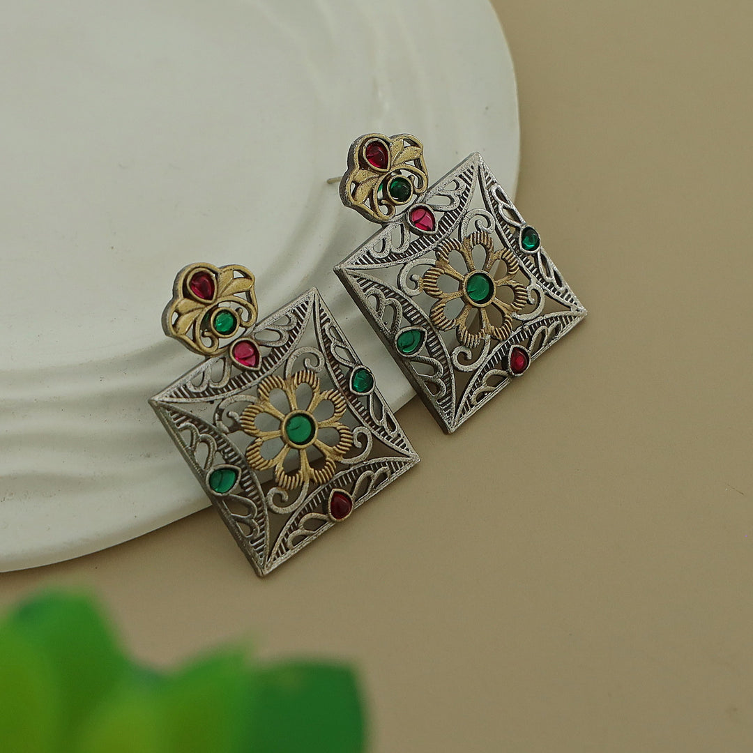 Ailana Dual Tone Square Floral Earring