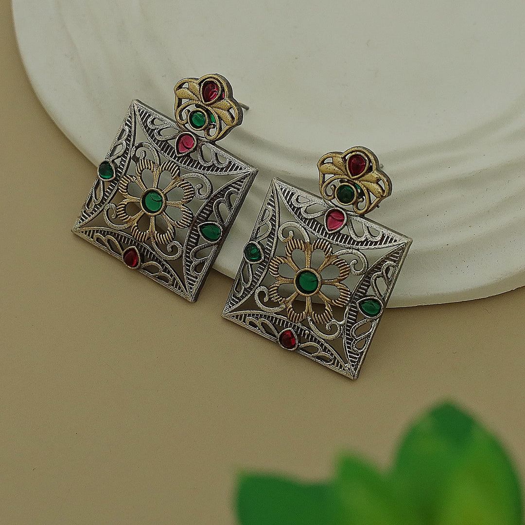 Ailana Dual Tone Square Floral Earring