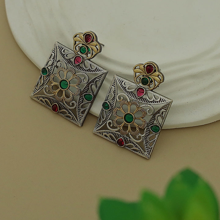 Ailana Dual Tone Square Floral Earring