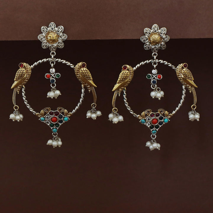 Jianna Flower Dual Tone Pearl Twin Bird Circle Earring