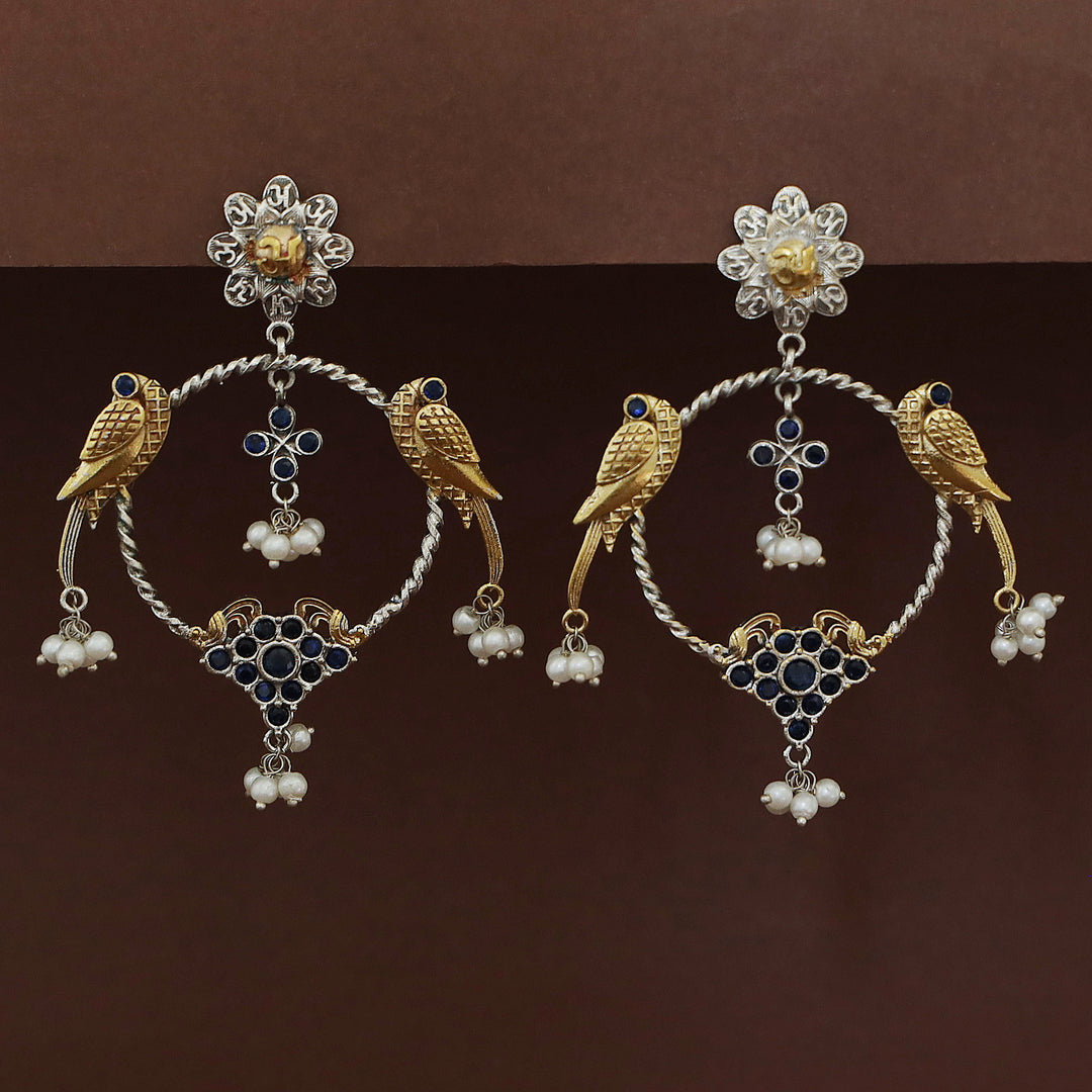 Jianna Flower Dual Tone Pearl Twin Bird Circle Earring