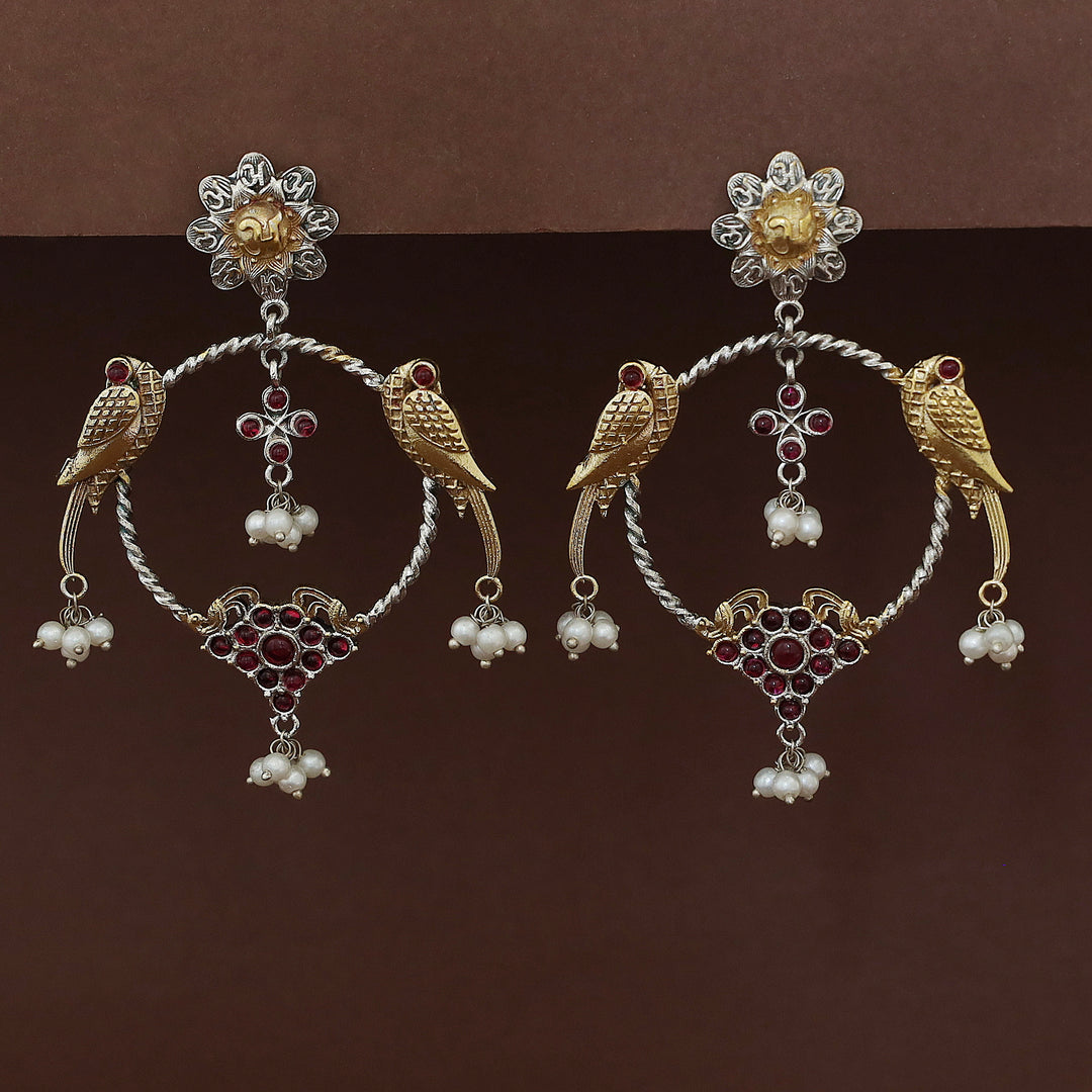 Jianna Flower Dual Tone Pearl Twin Bird Circle Earring