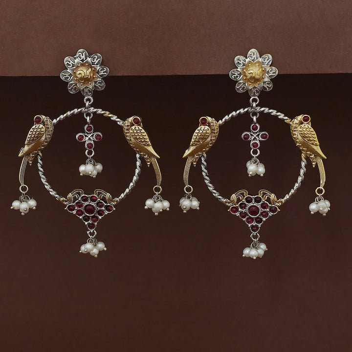 Jianna Flower Dual Tone Pearl Twin Bird Circle Earring