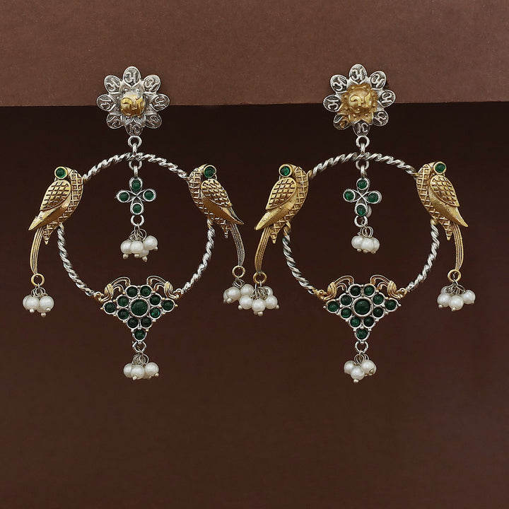 Jianna Flower Dual Tone Pearl Twin Bird Circle Earring